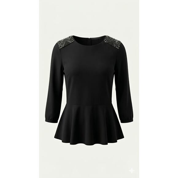 Forever 21 Tops - Stunning Forever 21 Black Peplum Top with Beaded Shoulders